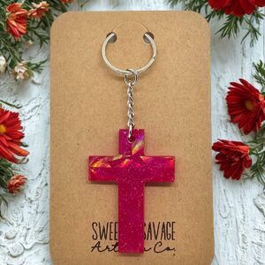 Dark Pink Cross Holographic Keychain