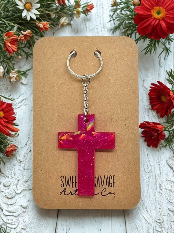 Dark Pink Cross Holographic Keychain