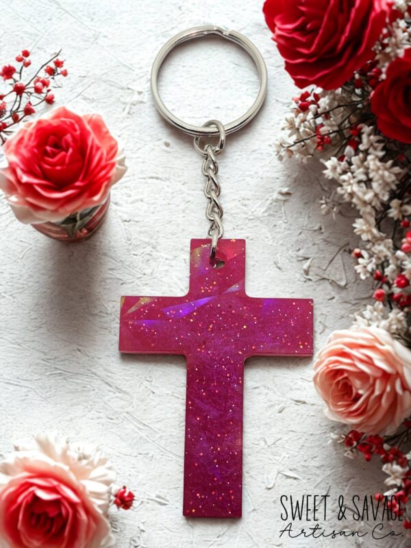 Dark Pink Cross Holographic Keychain - Image 2