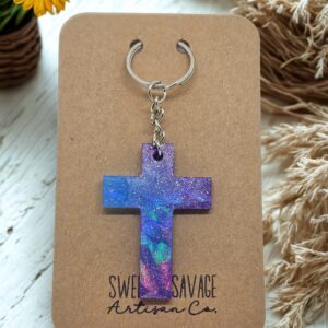 Purple and Blue Holographic Cross Keychain