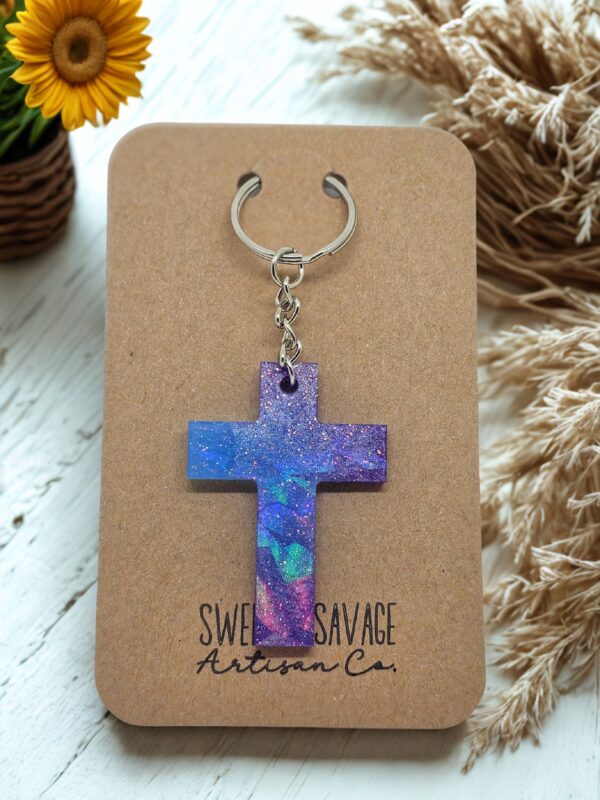 Purple and Blue Holographic Cross Keychain