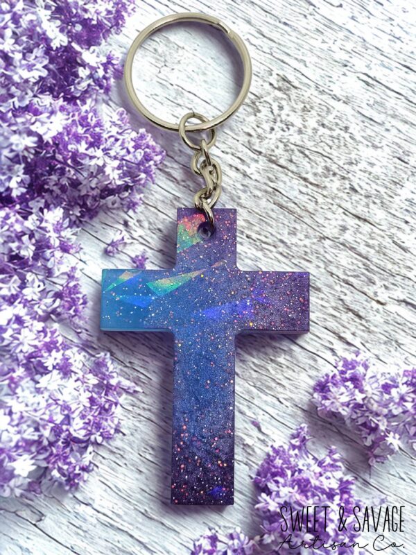 Purple and Blue Holographic Cross Keychain - Image 2