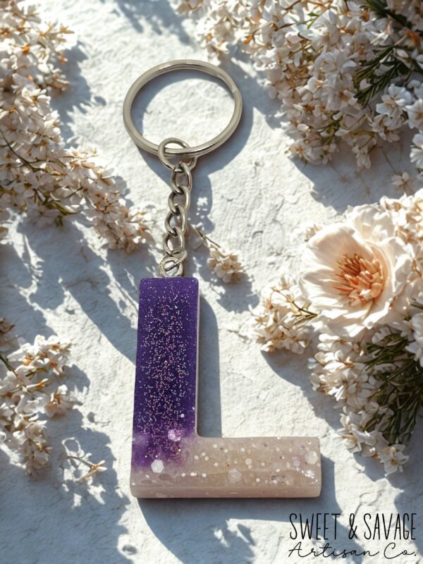 Purple Glitter Letter L Keychain