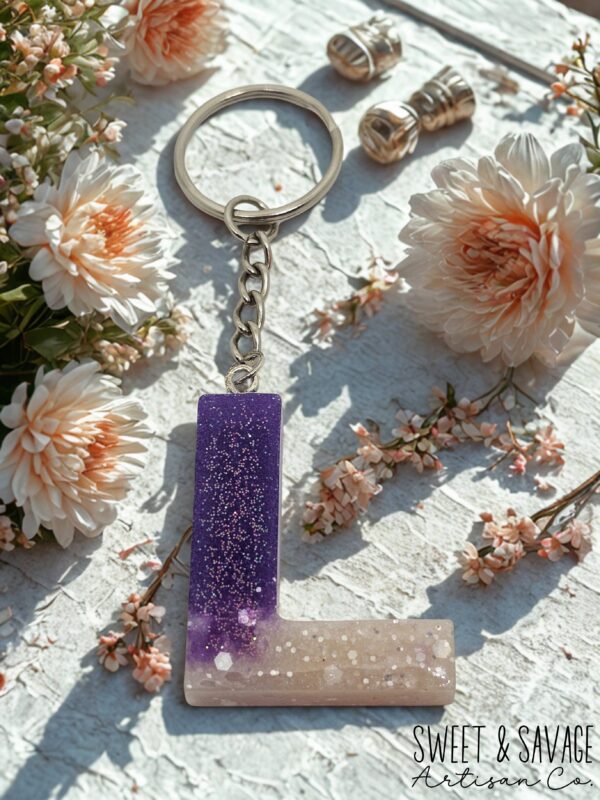 Purple Glitter Letter L Keychain - Image 2