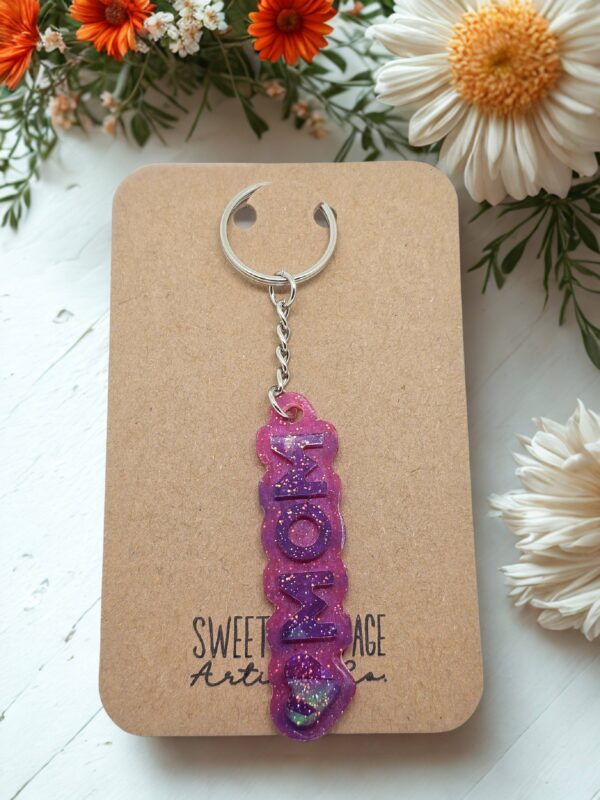 Pink and Purple Glitter Mom Keychain