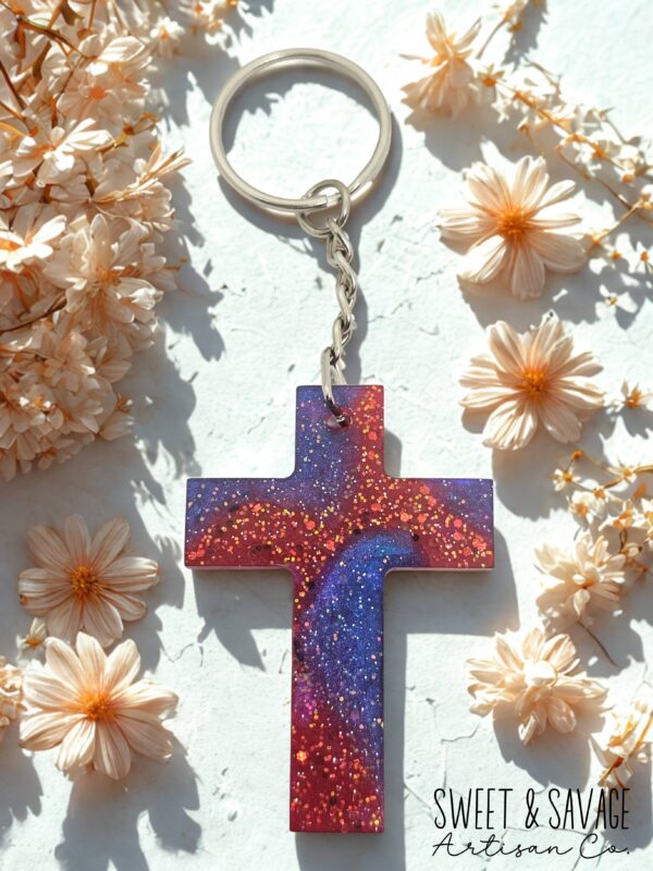Red & Blue Galaxy Cross Keychain - Image 2