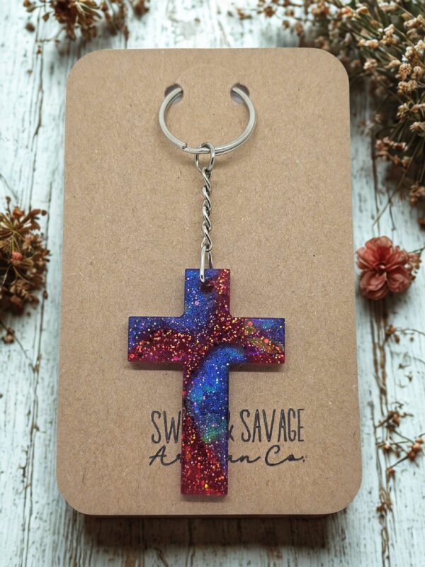 Red & Blue Galaxy Cross Keychain