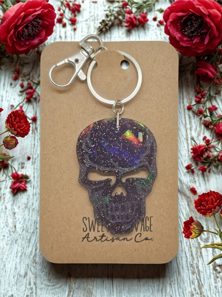 Black Holographic Resin Skull Keychain