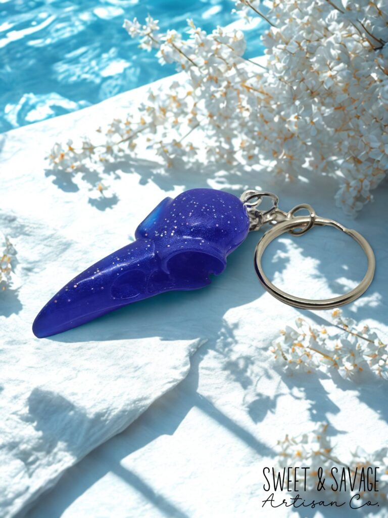 Deep Blue Raven Skull Keychain