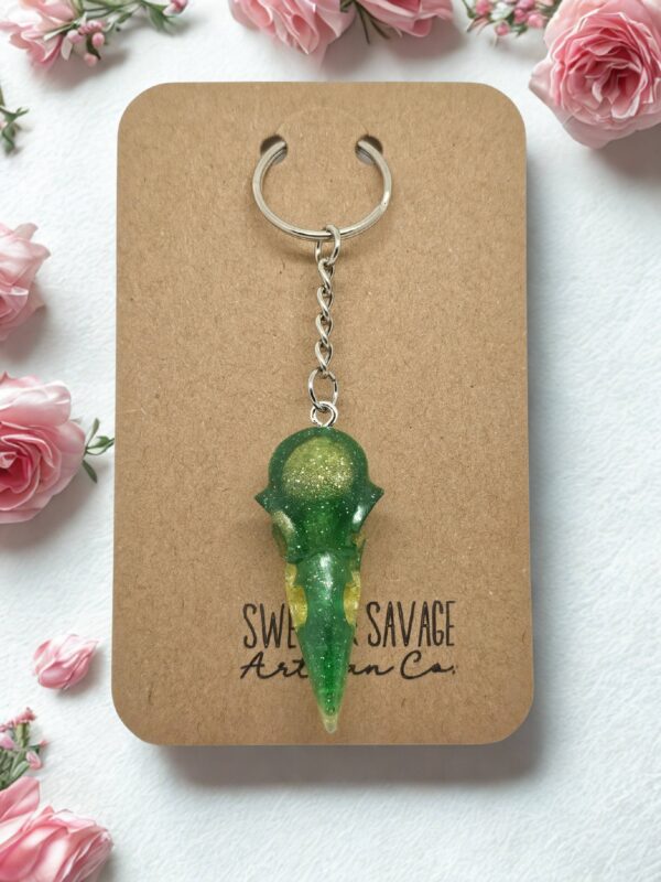 Raven Skull Keychain – Green & Gold Glitter, Gothic & Fantasy Inspired - Image 2