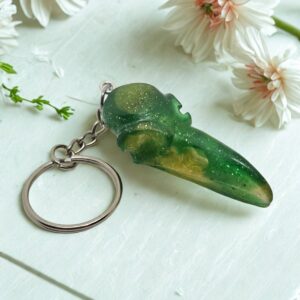 Raven Skull Keychain – Green & Gold Glitter, Gothic & Fantasy Inspired
