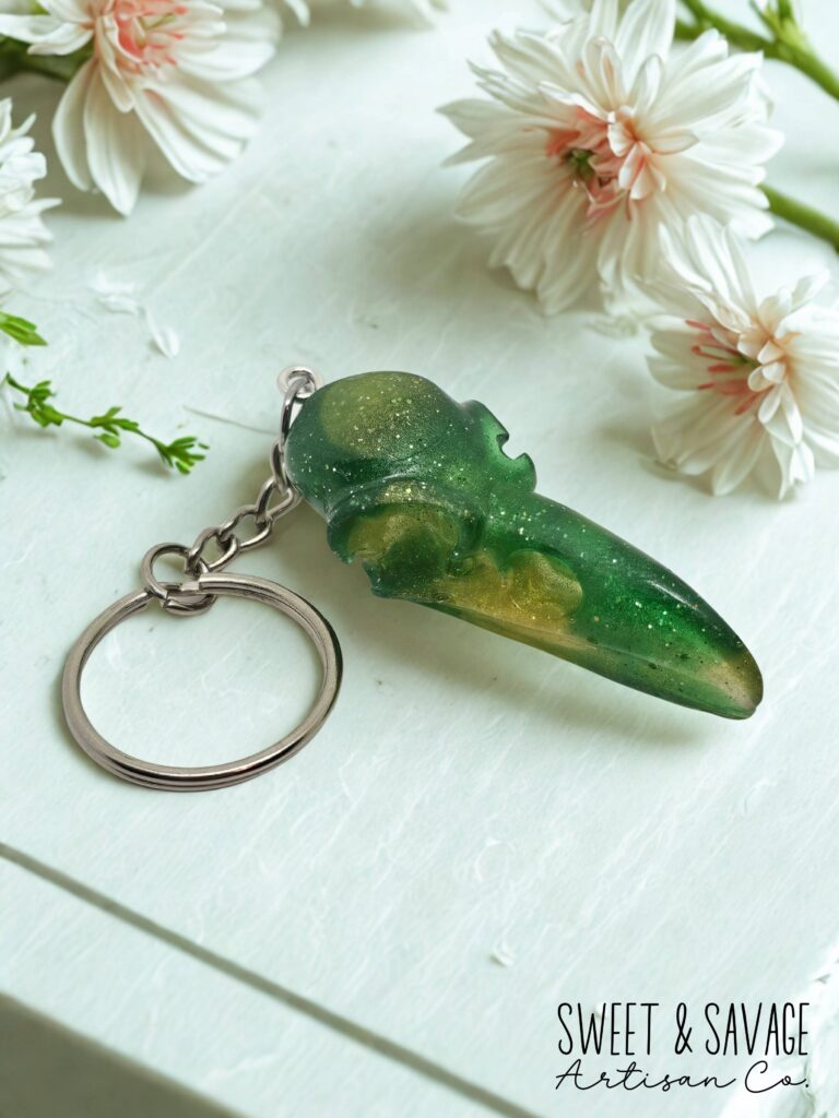Raven Skull Keychain – Green & Gold Glitter, Gothic & Fantasy Inspired