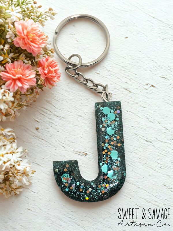 Dark Green Letter J Initial Keychain - Image 2