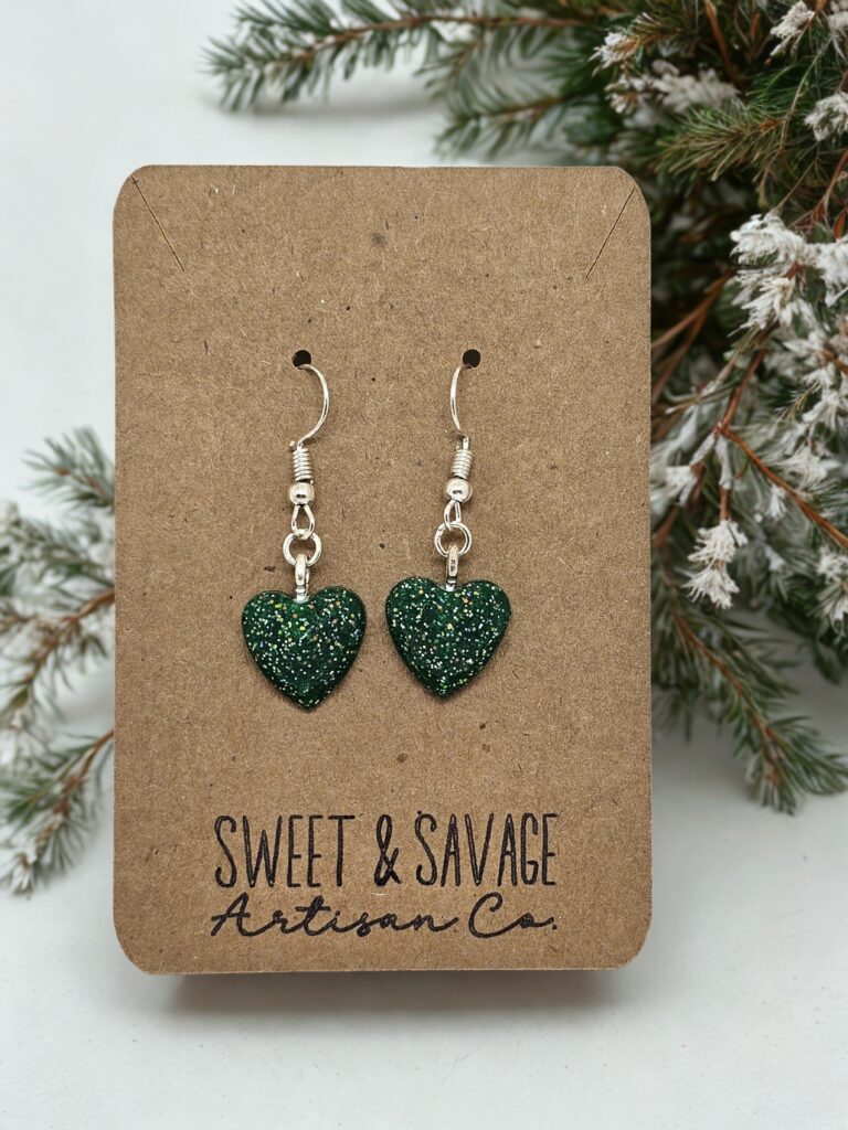 Green Heart Gem Dangle Earrings