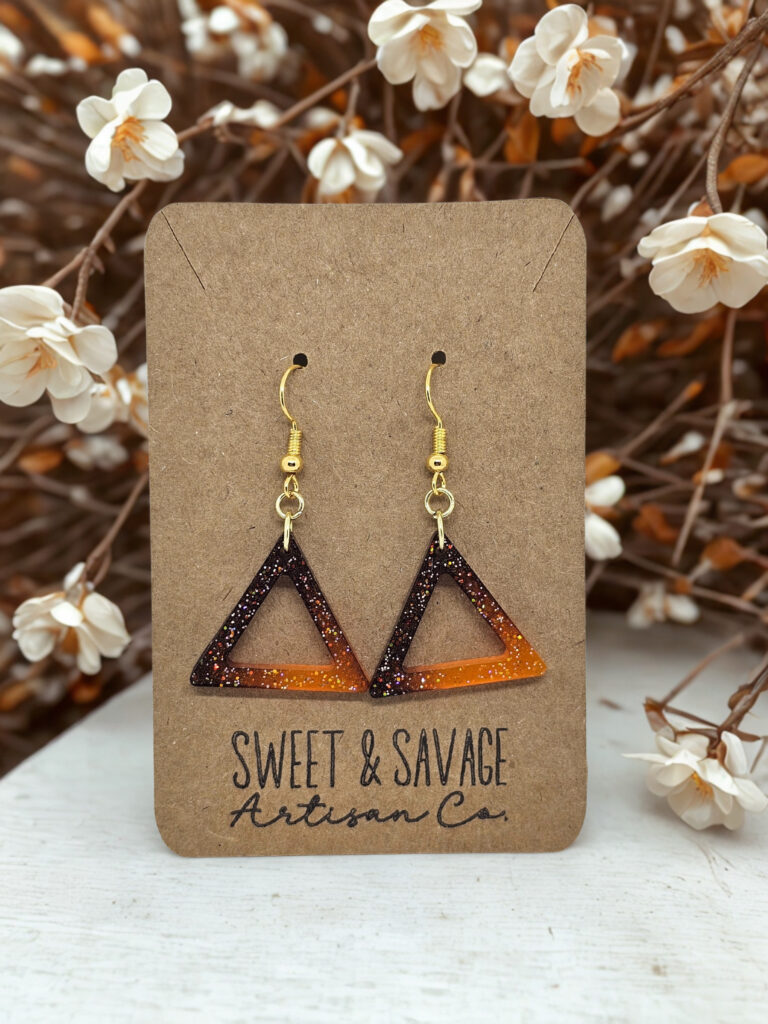 Triangle Dangle Earrings, Glitter Ombre Brown Orange
