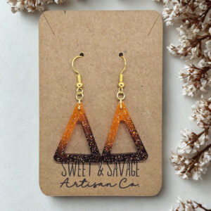 Long Triangle Dangle Earrings, Brown to Orange Ombre with Glitter