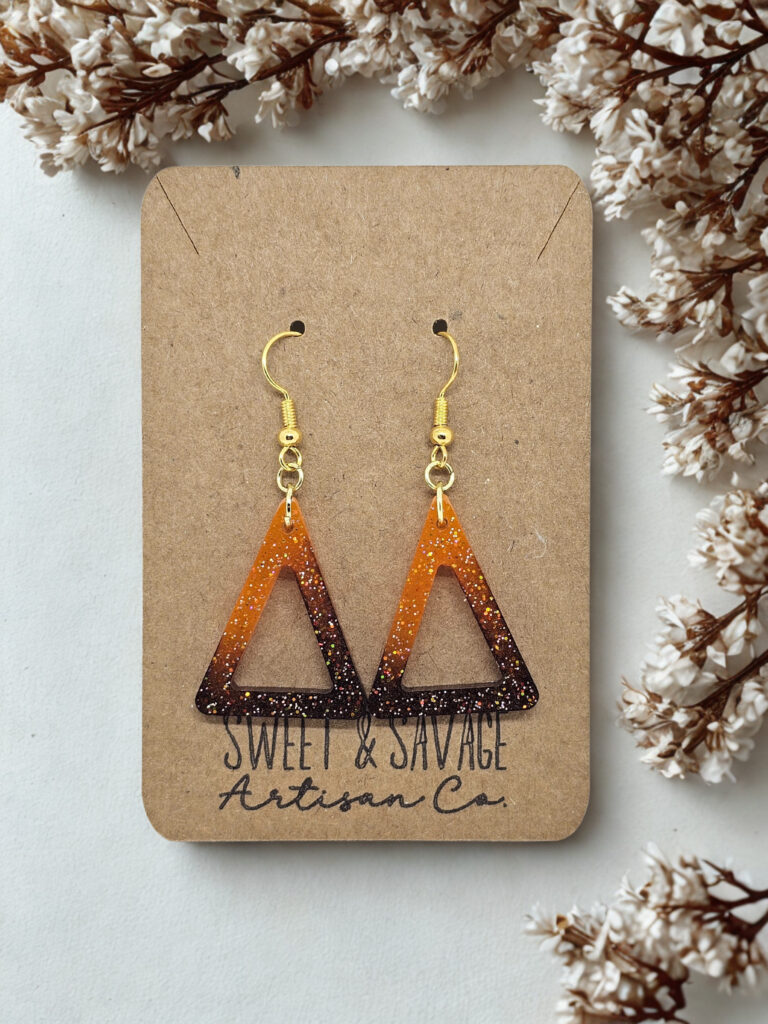 Long Triangle Dangle Earrings, Brown to Orange Ombre with Glitter