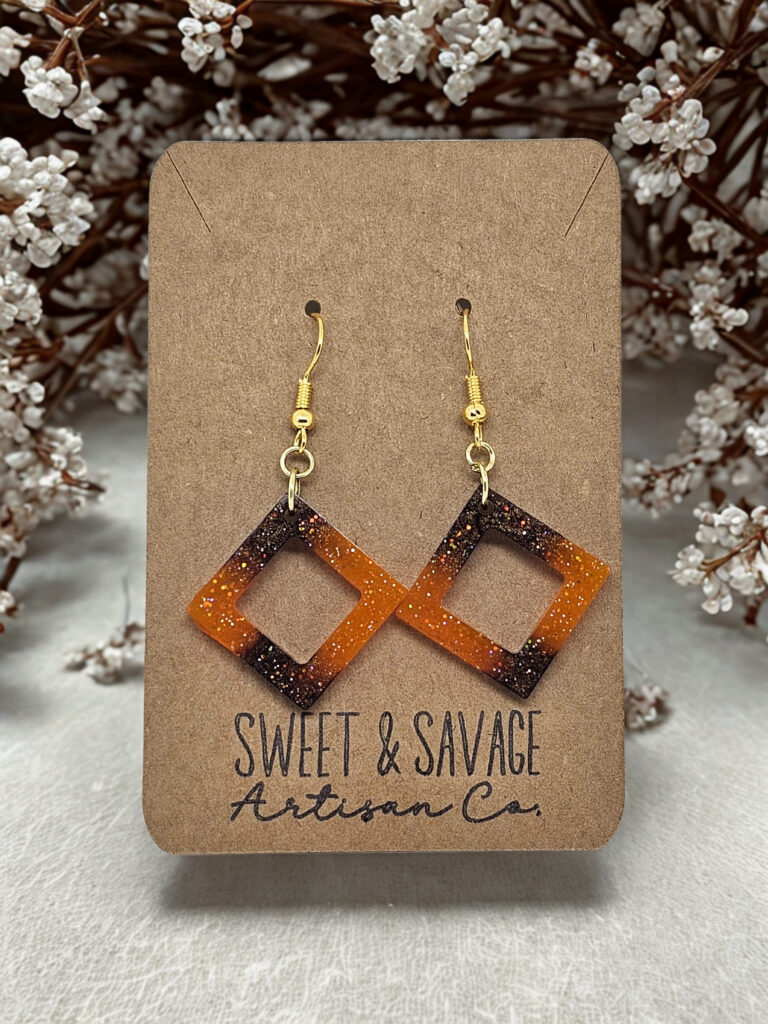 Diamond Dangle Earrings, Brown-Orange Ombre with Glitter