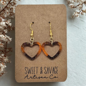 Heart Dangle Earrings Brown-Orange Ombre with Glitter