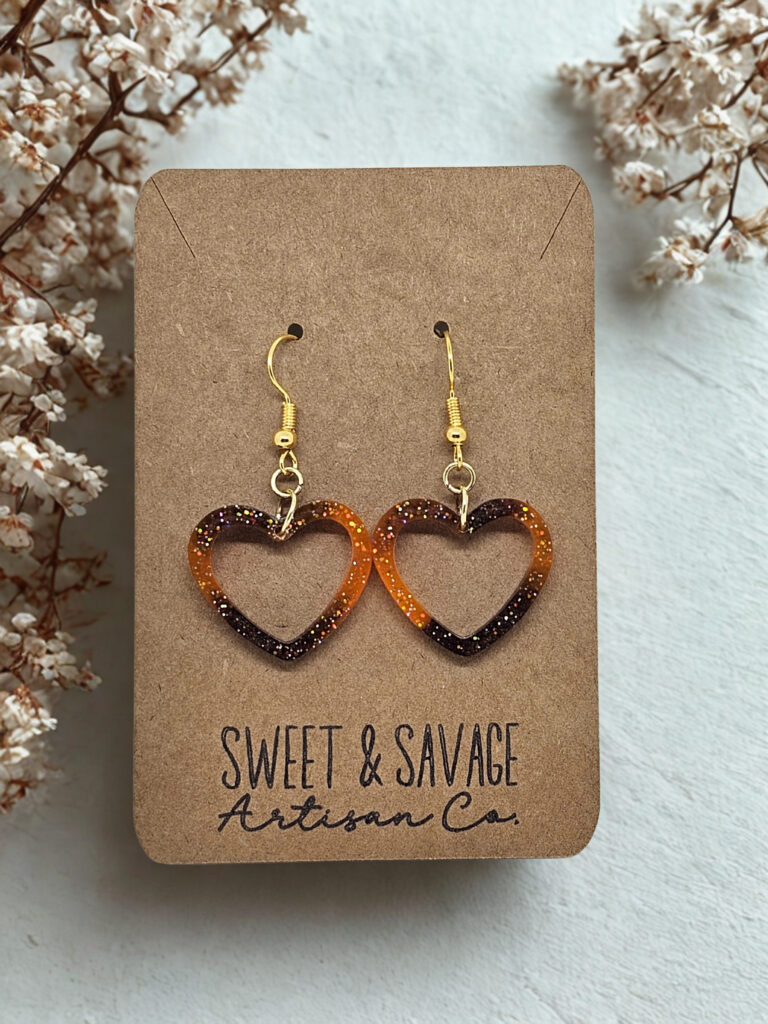 Brown & Orange Ombre Heart Dangle Earrings with Glitter – Handmade Statement Earrings