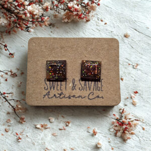 Brown-Orange Small Square Gem Stud Earrings