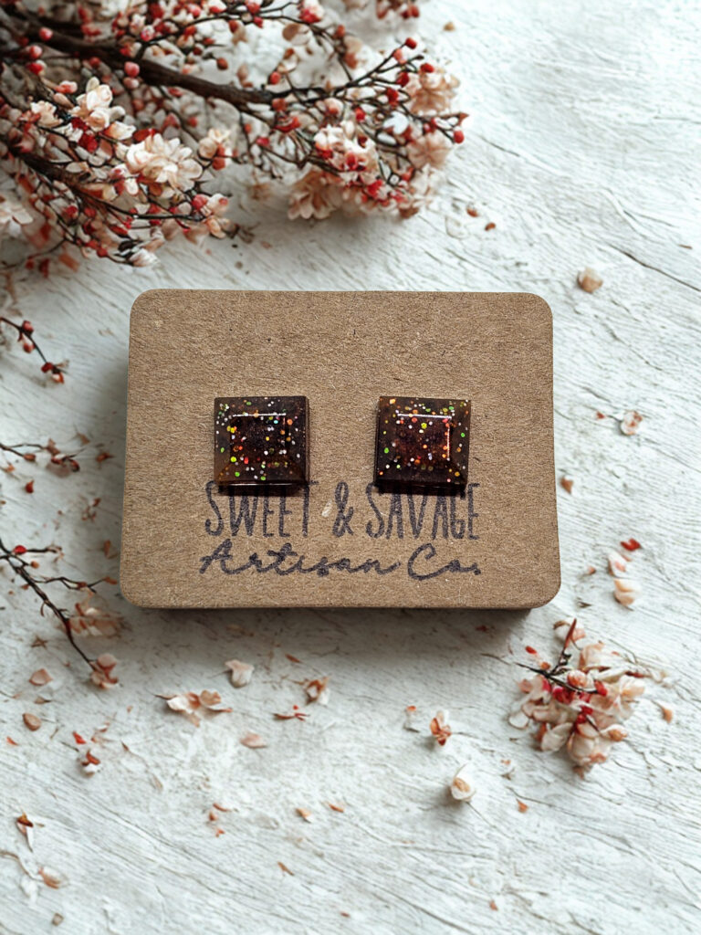 Brown-Orange Small Square Gem Stud Earrings