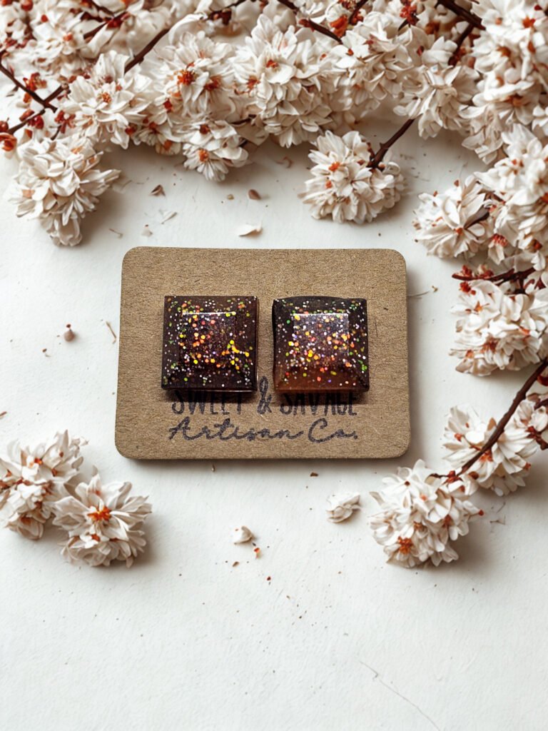 Brown/Orange Large Square Gem Stud Earrings