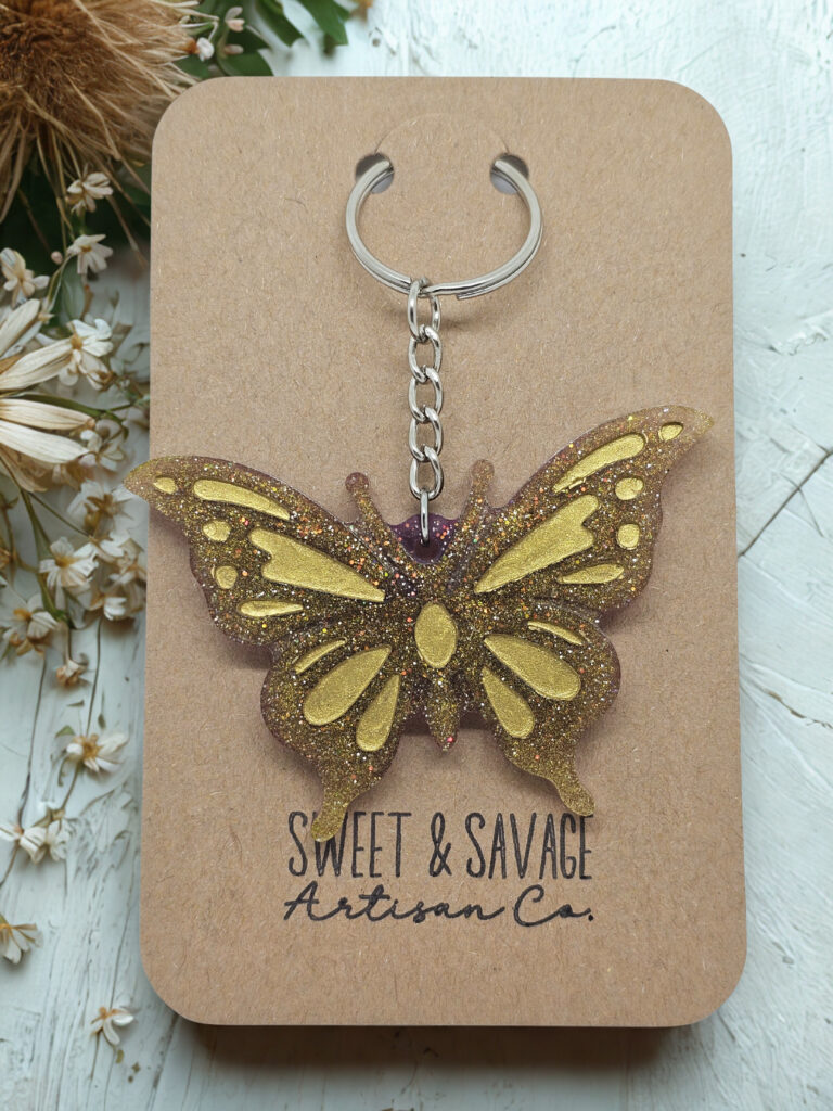 Gold Butterfly Keychain With Burgundy Accents