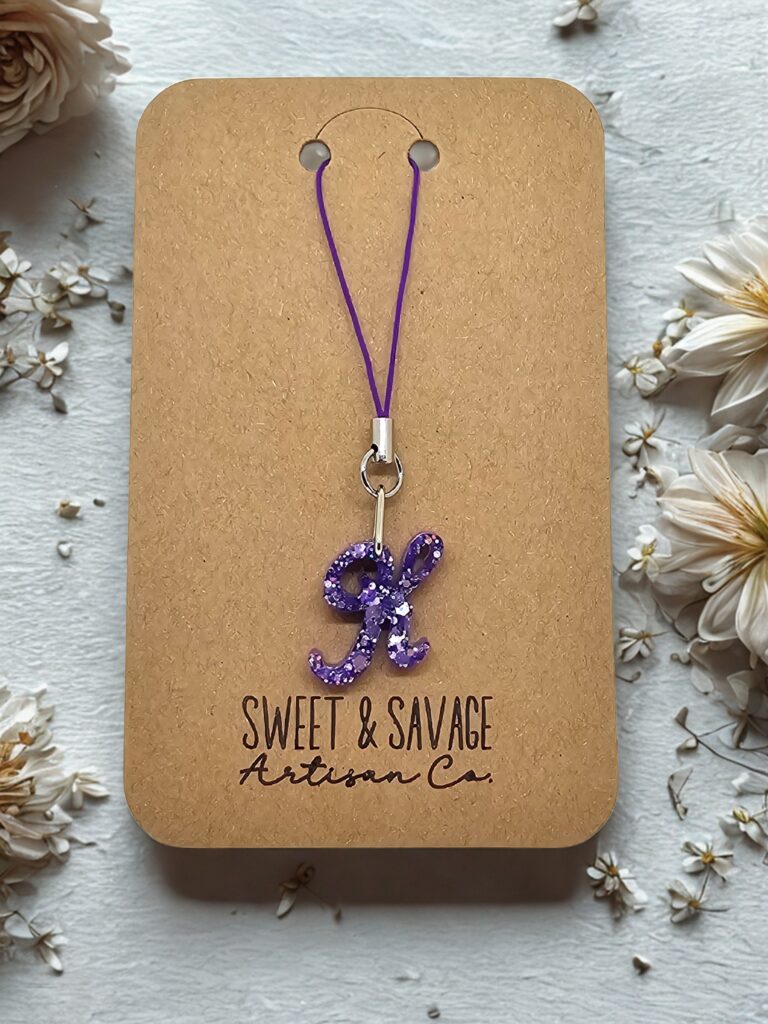 Purple Letter K Initial Charm for Phone, Zipper, Back Pack, Key Ring