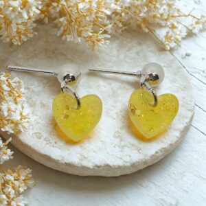 Yellow Glitter Heart Stud Dangle Earrings 