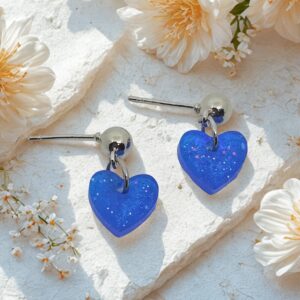 Blue Glitter Heart Stud Dangle Earrings