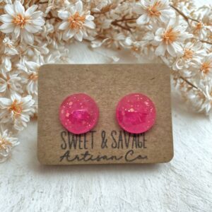 Pink Circle Stud Earrings With Glitter Accent