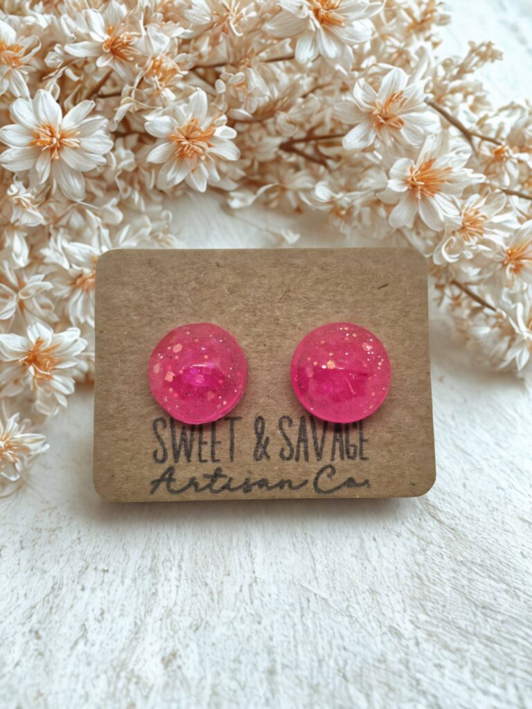 Pink Circle Stud Earrings With Glitter Accent