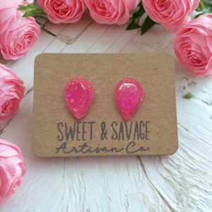 Pink Teardrop Stud Earrings with Glitter Accent