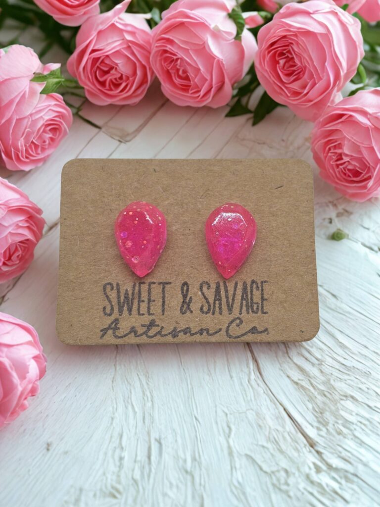 Pink Teardrop Stud Earrings with Glitter Accent