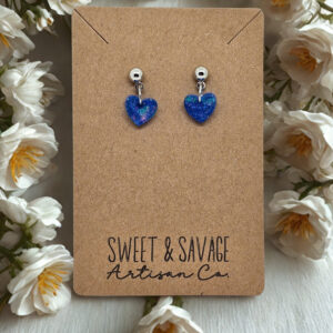 Blue Iridescent Heart Dangle Stud Earrings
