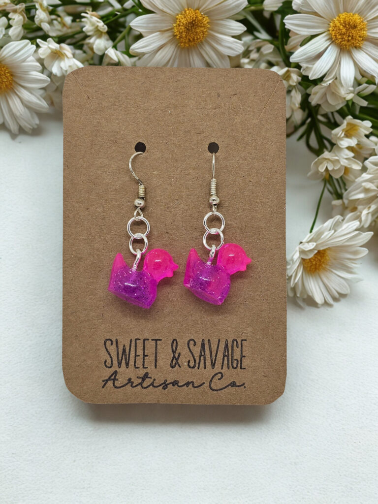 Glow-in-the-Dark Duck Earrings – Pink & Purple Dangle Earrings