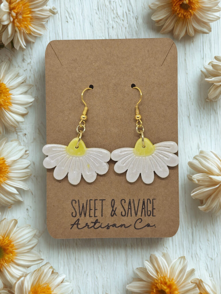 White Daisy Flower Dangle Earrings