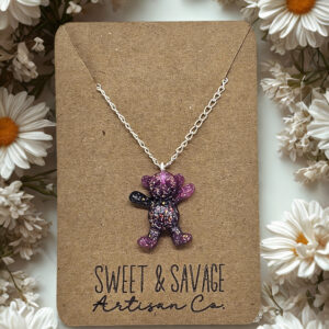 Pink & Black Glitter Teddy Bear Necklace