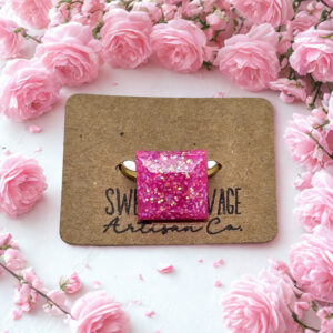 Pink Glitter Square Statement Ring