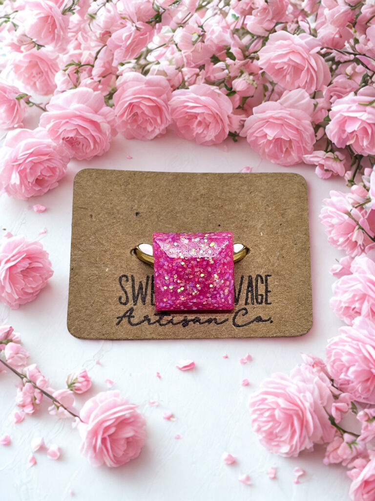 Pink Glitter Square Statement Ring
