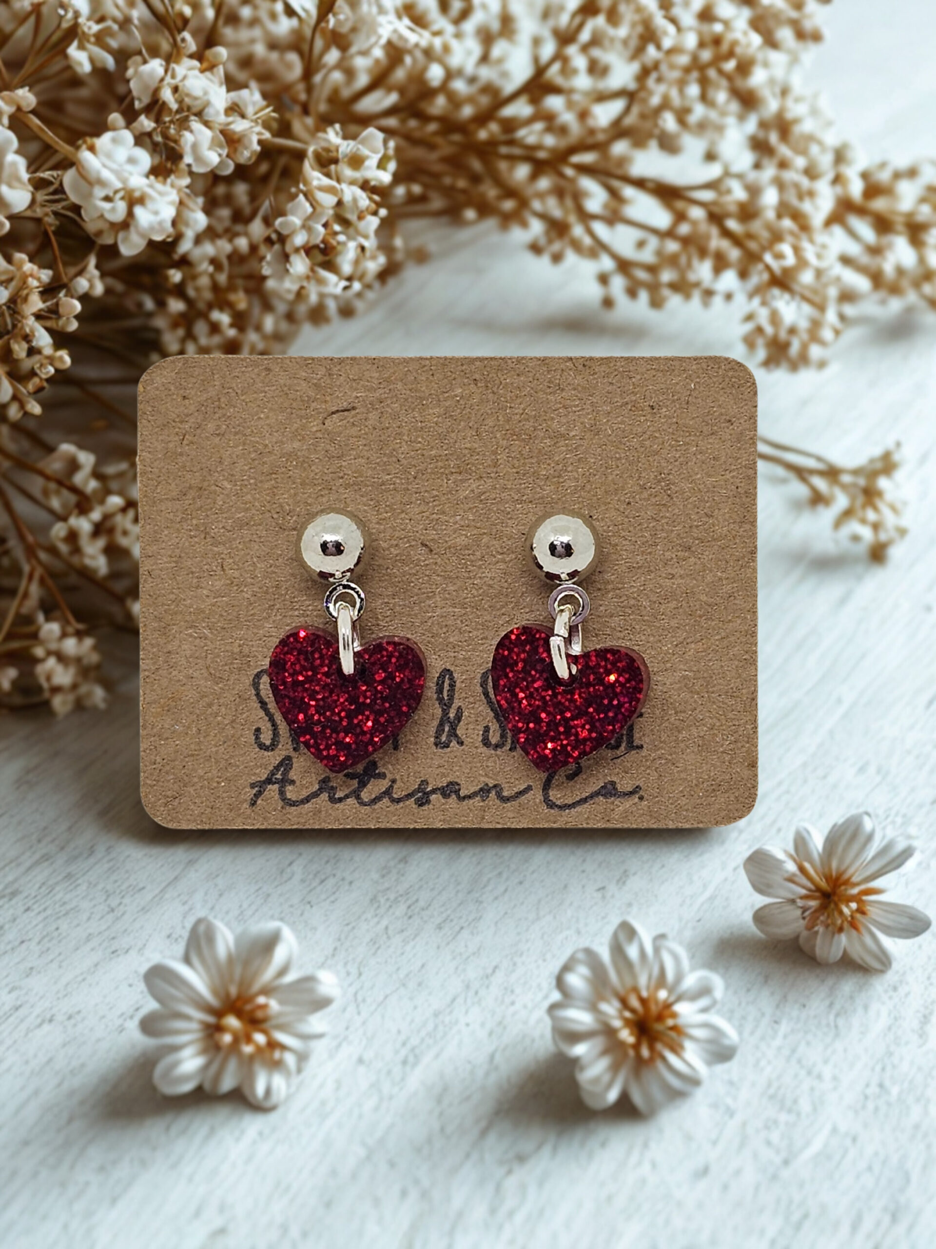 Garnet Stardust Heart Stud Earrings