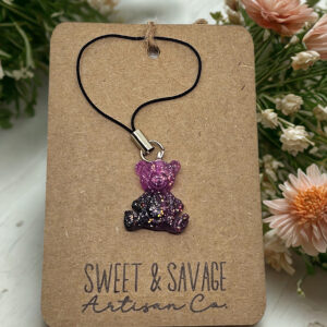 Purple & Black Glitter Teddy Bear Charm – Cute Handmade Bear Accessory