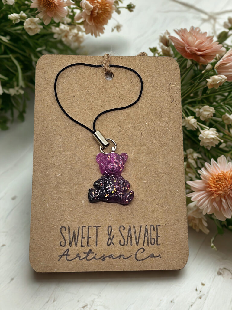 Purple & Black Glitter Teddy Bear Charm – Cute Handmade Bear Accessory