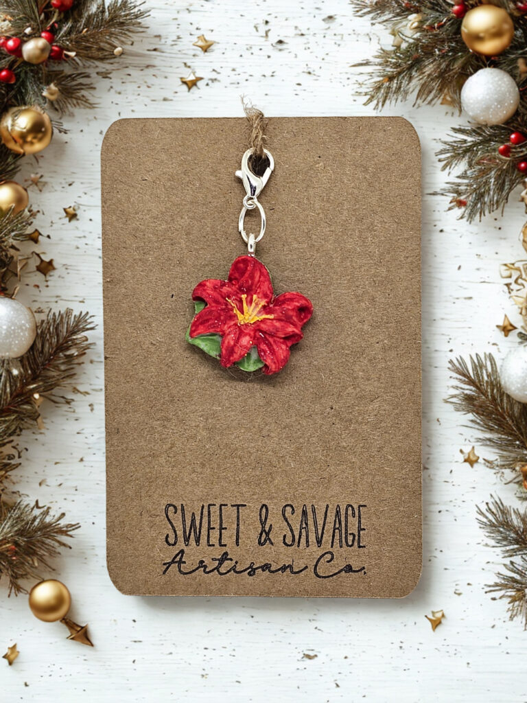 Red Poinsettia Flower Charm – Handmade Christmas & Holiday Bag Charm