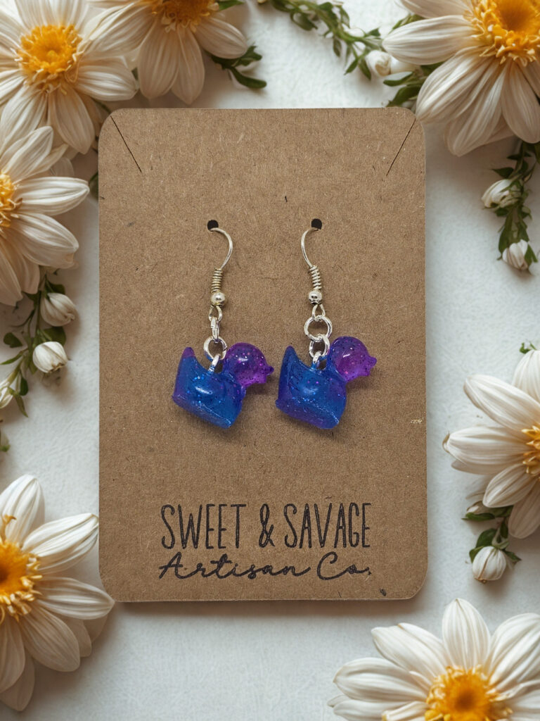 Glow Quackers – Twilight Galaxy Blue & Purple Glow-in-the-Dark Duck Earrings