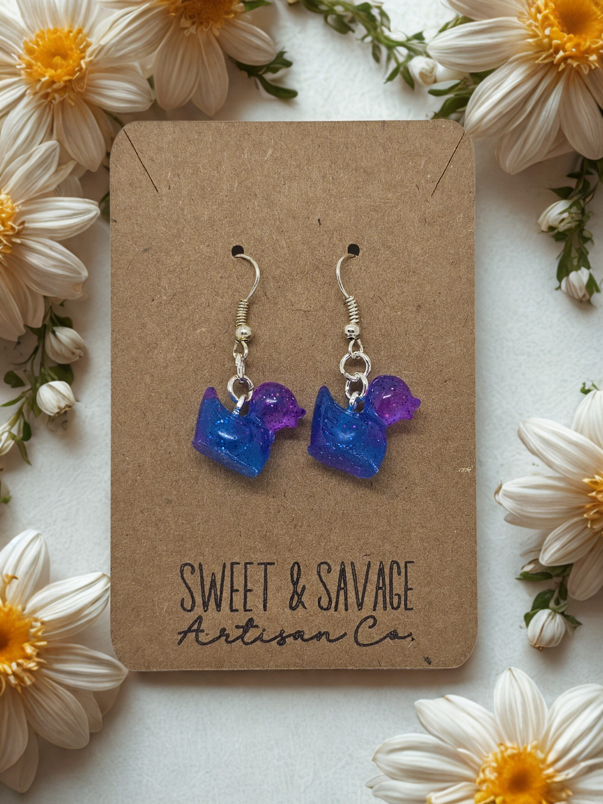 Glow Quackers – Twilight Galaxy Blue & Purple Glow-in-the-Dark Duck Earrings