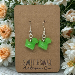Glow Quackers – Electric Lime Green Glow-in-the-Dark Duck Dangle Earrings