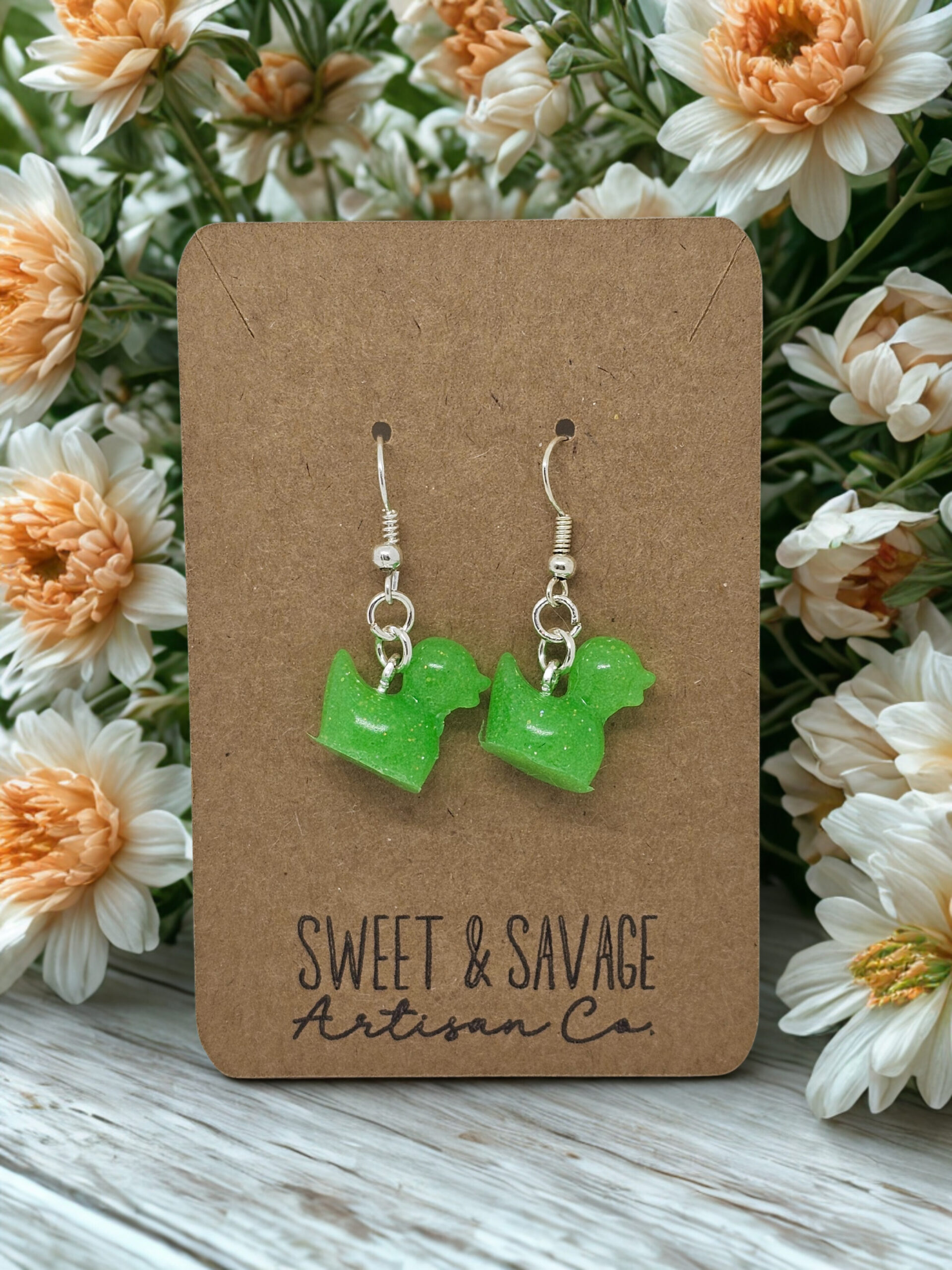 Glow Quackers – Electric Lime Green Glow-in-the-Dark Duck Dangle Earrings
