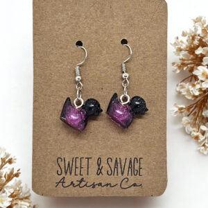 Midnight Mischief – Black & Purple Glitter Duck Dangle Earrings